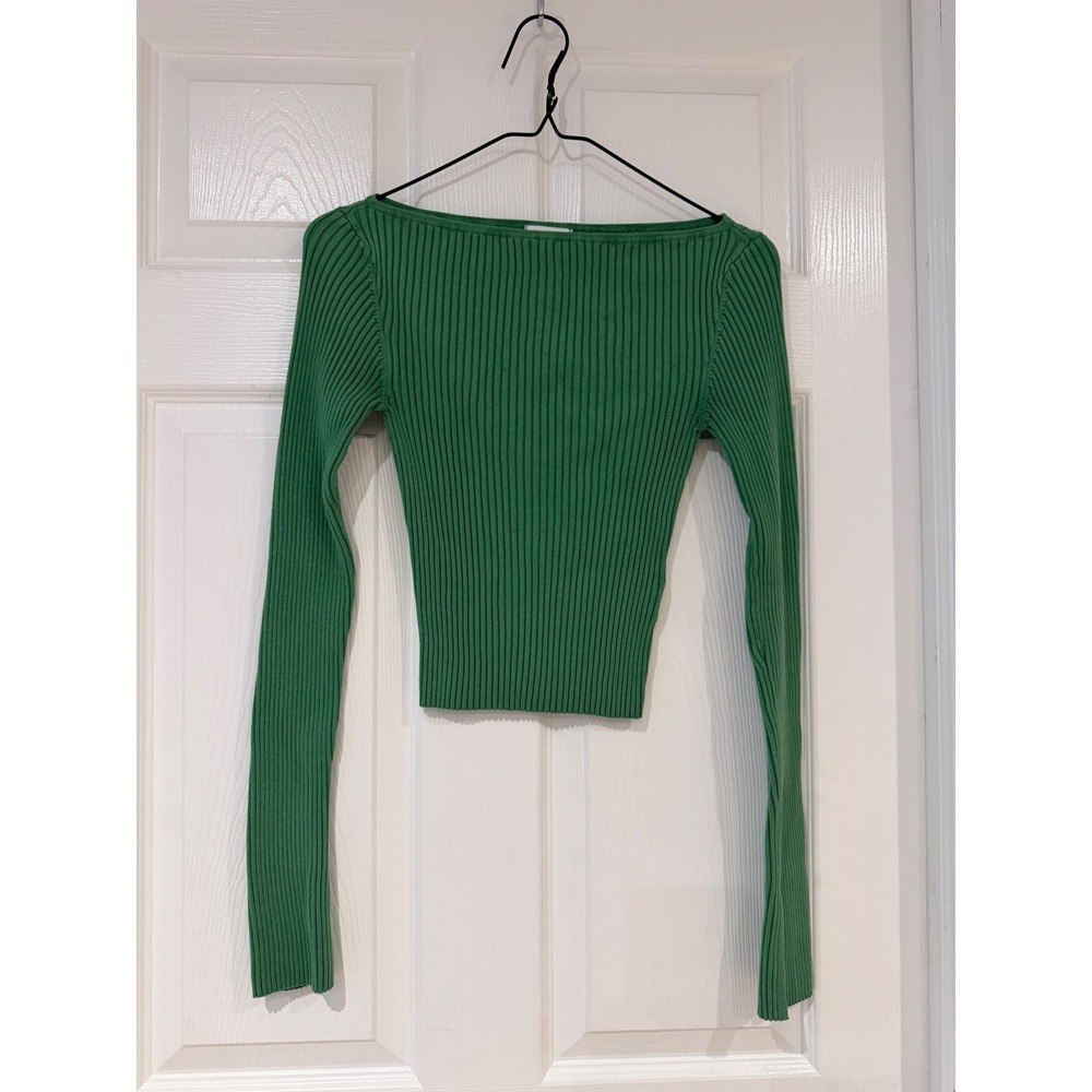 H&M Womens Ribbed Knit Boat Neck Top Green Long Sleeve Slit Cuff XS Minimalist